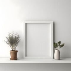 White vertical frame mockup in modern minimalist interior with plant in trendy vase on white wall background, Template for artwork, painting, photo or poster 