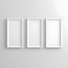 Picture frame on a wall black frame. Blank Mockup. Three vertical frames, modern minimalistic style., template for artwork, painting, photo or poster 
