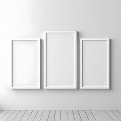 Picture frame on a wall black frame. Blank Mockup. Three vertical frames, modern minimalistic style., template for artwork, painting, photo or poster 