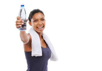 Portrait, fitness and water with a sports woman holding a bottle isolated on a transparent background for hydration. Exercise, health and smile with a happy young female athlete on PNG for a drink