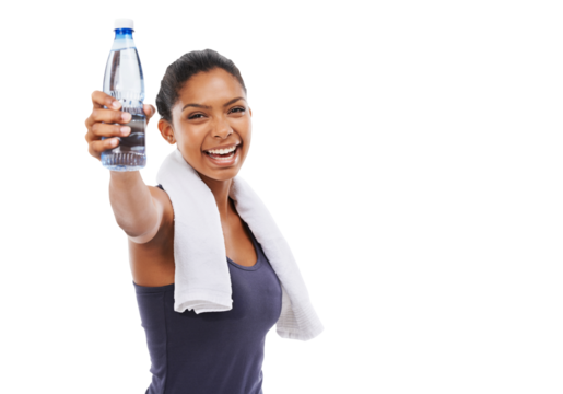 Portrait, fitness and water with a sports woman holding a bottle isolated on a transparent background for hydration. Exercise, health and smile with a happy young female athlete on PNG for a drink