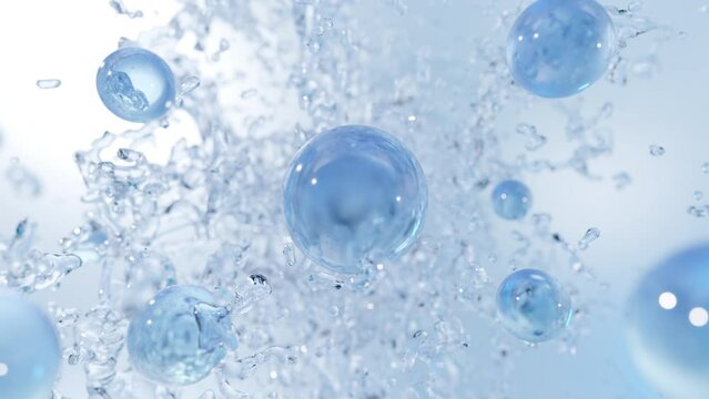Splash Vitamin water, Cosmetic Essence, Liquid bubble, Molecule inside Liquid Bubble on water background, 3d rendering