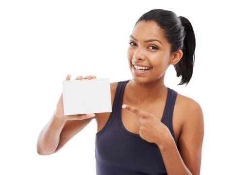 Pointing, portrait and woman with a blank card, mockup and model isolated against a transparent background. Face, female person and girl with a poster, space and logo with png, ideas and hand gesture