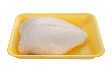 Fresh, raw chicken breast in a plastic yellow package isolated on a transparent background.