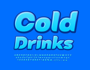 Vector creative Sign Cold Drinks. Decorative Blue Font. Glossy Alphabet Letters and Numbers.