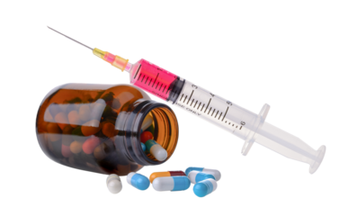 pill and bottle and  plastic syringe isolated on transparent png