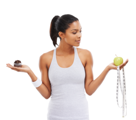 Tape measure, apple or woman with cupcake choice for a healthy snack, diet nutrition or junk food. Decision, lose weight or fit girl with fruit or muffin option isolated on transparent png background
