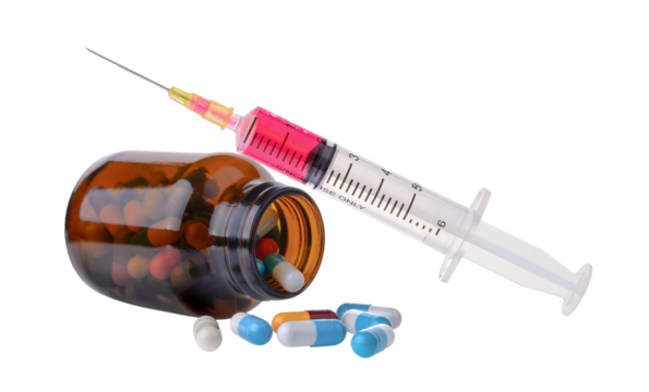 pill and bottle and  plastic syringe isolated on transparent png