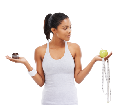 Tape measure, apple or woman with cupcake choice for a healthy snack, diet nutrition or junk food. Decision, lose weight or fit girl with fruit or muffin option isolated on transparent png background - Powered by Adobe