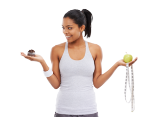 Tape measure, apple or happy girl with cupcake choice for a healthy snack, diet nutrition or junk food. Decision, lose weight or fit woman with fruit or muffin isolated on transparent png background