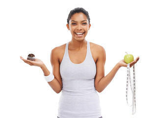 Isolated woman, cupcake and apple with decision, nutrition and portrait by transparent png...