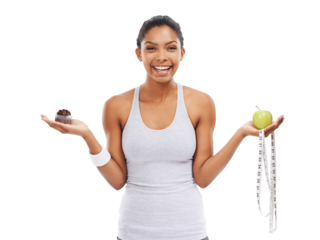 Isolated woman, cupcake and apple with decision, nutrition and portrait by transparent png background. Girl, model and excited for choice with healthy fruit, candy or happy with mindset for diet goal