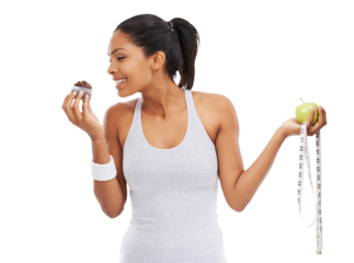 Tape measure, apple or happy woman with muffin choice for a healthy snack, diet nutrition or junk food. Decision, lose weight or girl eating a cupcake or fruit isolated on transparent png background