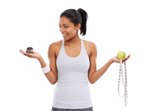 Tape measure, apple or happy girl with cupcake choice for a healthy snack, diet nutrition or junk food. Decision, lose weight or fit woman with fruit or muffin isolated on transparent png background