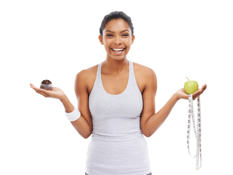 Isolated woman, cupcake and apple with decision, nutrition and portrait by transparent png background. Girl, model and excited for choice with healthy fruit, candy or happy with mindset for diet goal