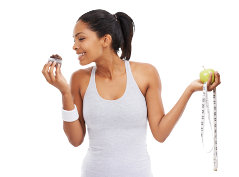 Tape measure, apple or happy woman with muffin choice for a healthy snack, diet nutrition or junk food. Decision, lose weight or girl eating a cupcake or fruit isolated on transparent png background