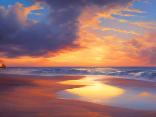 Naklejka na ściany i meble Warm sunset on tropical beach generative ai 
