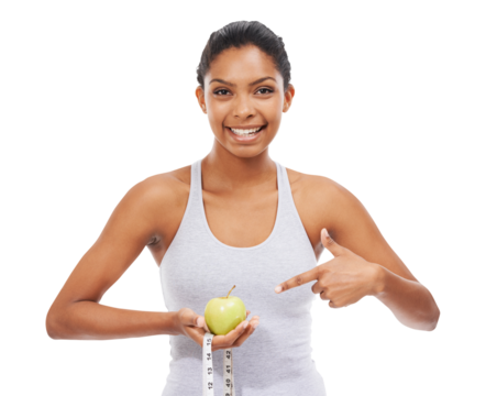 Pointing, apple and woman with fitness, tape and portrait isolated against a transparent background. Face, female person and athlete with a fruit, weight loss and model with health, nutrition and png