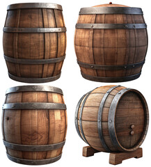 Wooden wine or beer barrels, used as rain barrels a transparent background, Generative AI