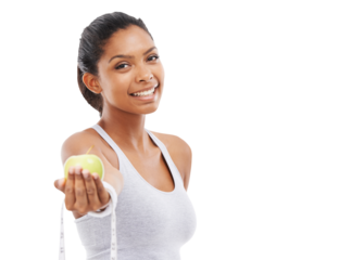 Isolated woman, apple and measuring tape with smile, portrait and diet for health by transparent png background. Girl, model or personal trainer with fruit, happy and nutrition goals to lose weight