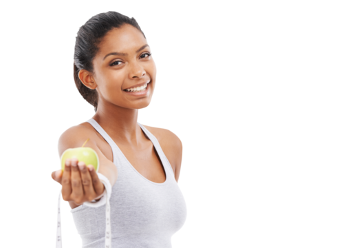 Isolated woman, apple and measuring tape with smile, portrait and diet for health by transparent png background. Girl, model or personal trainer with fruit, happy and nutrition goals to lose weight