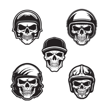Set of hand drawn skulls wearing various motorcycle helmets