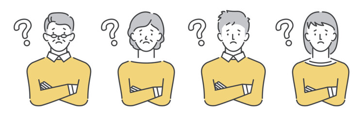 腕を組むポーズ、考える、悩むポーズをする人物　男性　女性　シニア