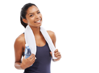 Portrait, exercise and water with a sports woman isolated on a transparent background for hydration during a workout. Fitness, towel and bottle with a happy young female athlete on PNG for training