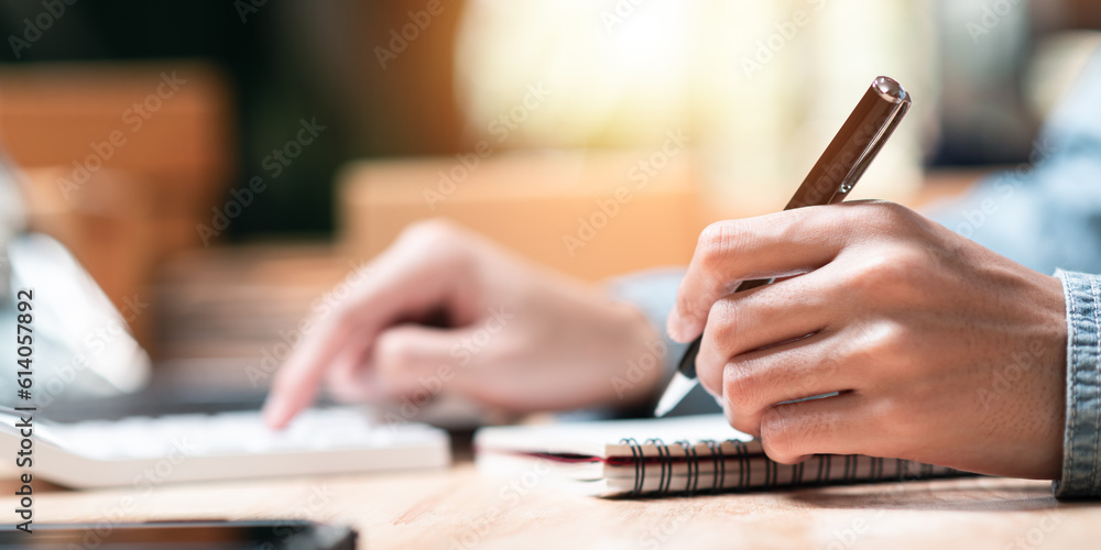 Poster business owner using a calculator to calculate numbers ,profit and loss statement review of company 