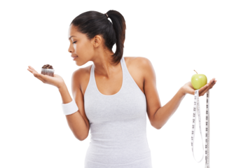 Isolated woman, muffin and apple for fitness choice, nutrition and smell by transparent png background. Confused girl, model and thinking for decision with fruit, cupcake and temptation for diet goal