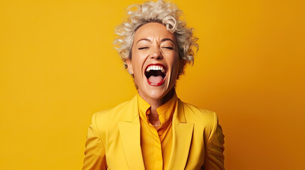 Emotional Photo of attractive charming lady friendly smile good mood wear blue office shirt isolated yellow color background