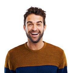 Man, laughing and portrait with funny joke isolated on a transparent, png background. Happy, smile and young male person with comedy and modern jersey with fashion and crazy humor feeling goofy - obrazy, fototapety, plakaty