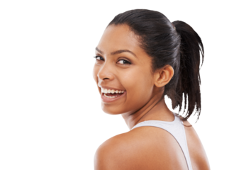 Isolated fitness woman, portrait and smile for exercise, workout and self care by transparent png background. Girl, model or personal trainer with excited face, happy and pride for wellness training