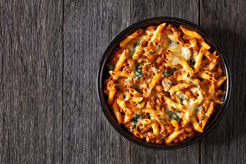 Ground Chicken Pasta Bake in baking dish, top view