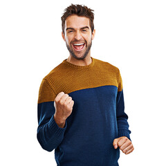 Portrait, success and man winner with fist pump on isolated, transparent and png background. Face,...