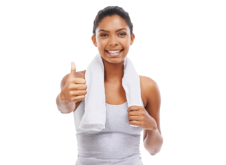 Fitness, health and portrait of happy woman with thumbs up isolated on transparent png background for workout. Smile, training and female sports athlete with agreement, achievement or yes hand sign.