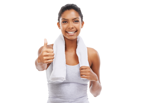 Fitness, health and portrait of happy woman with thumbs up isolated on transparent png background for workout. Smile, training and female sports athlete with agreement, achievement or yes hand sign.