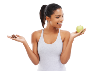 Isolated woman, apple and chocolate with thinking for choice, nutrition or hungry by transparent png background. Girl, model and decision with healthy fruit, candy or happy with mindset for diet goal