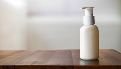 white bottle, Dark wooden table , Empty white shampoo bottle top on table, Blurred white background, Ai Generate 