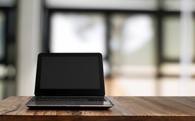 laptop on table, Dark wooden table , leptop on table, Blurred white background, Ai Generate 