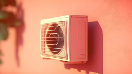 Split air conditioner on color wall. Closeup image.