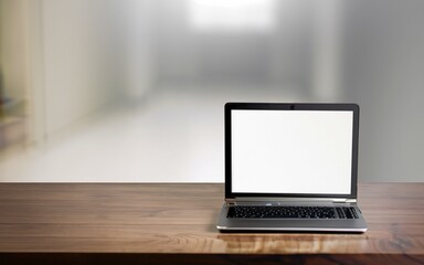 Dark wooden table , leptop on table, Blurred white background, Ai Generate 