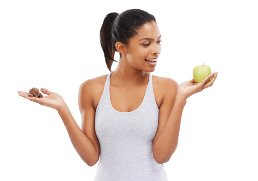 Isolated woman, apple and chocolate with thinking for choice, nutrition or hungry by transparent png background. Girl, model and decision with healthy fruit, candy or happy with mindset for diet goal