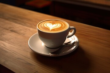 Obraz premium Cup of coffee latte with heart shape and coffee beans on old wooden background. Generative ai