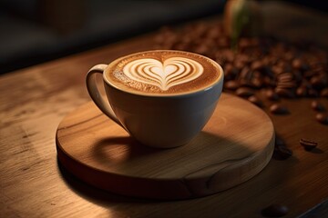 Coffee cup with heart shape latte art on wood tab. Generative ai