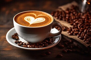 Fototapeta premium Cup of coffee latte with heart shape and coffee beans on old wooden background. Generative ai
