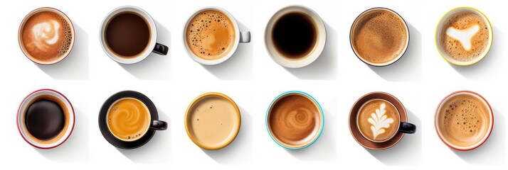 Top view, Set of paper take away cups of different black coffee isolated on white background. Generative ai - obrazy, fototapety, plakaty
