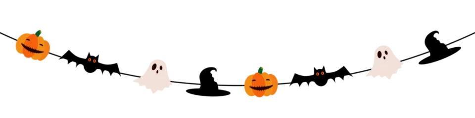 Schilderijen op glas Flag with pumpkins, monsters, vampire bats, skulls and ghosts motif for Halloween decoration on transparent background © suicidestock