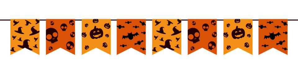 Flag with pumpkins, monsters, vampire bats, skulls and ghosts motif for Halloween decoration on transparent background