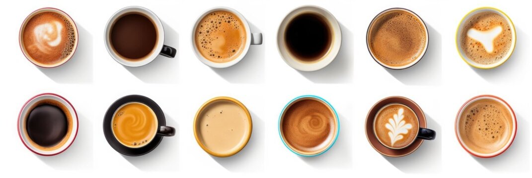 Top view, Set of paper take away cups of different black coffee isolated on white background. Generative ai